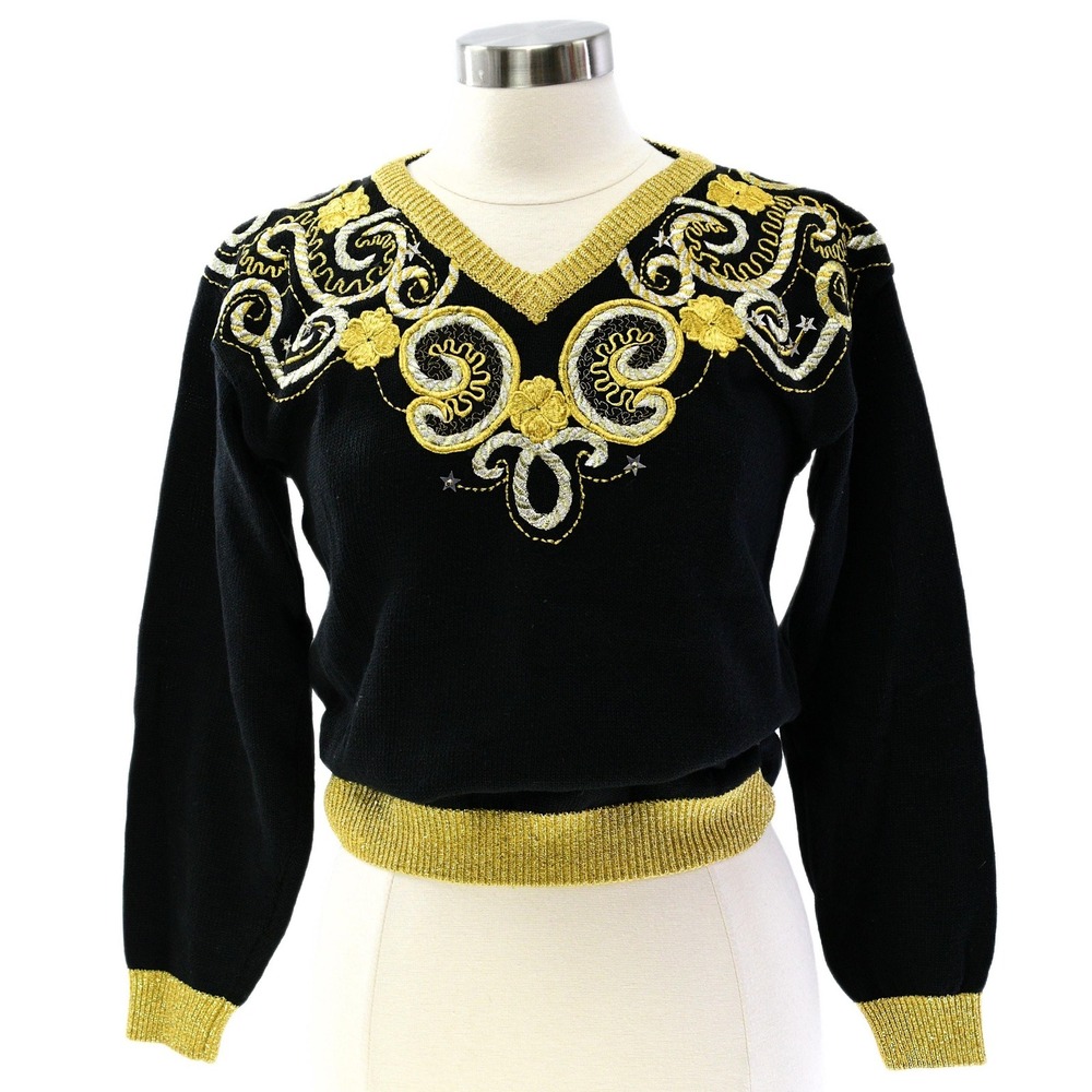 90s Vintage Metallic Gold Art Deco V Neck Sweater Womens S Holiday Party Disco